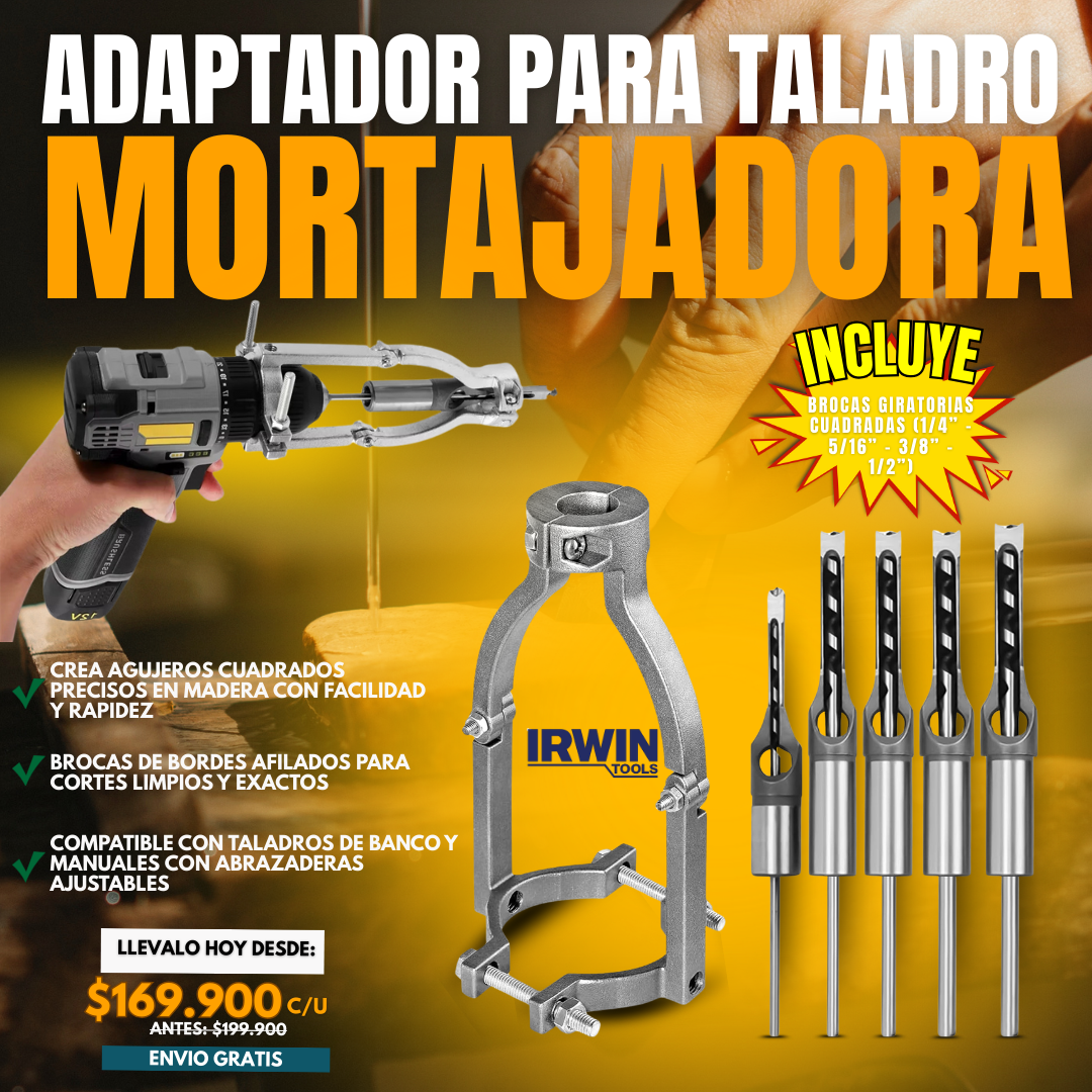 ADAPTADOR IRWIN TOOLS® PARA TALADRO MORTAJADORA + BROCAS GIRATORIAS CUADRADAS (1/4” - 5/16” - 3/8” – 1/2”)